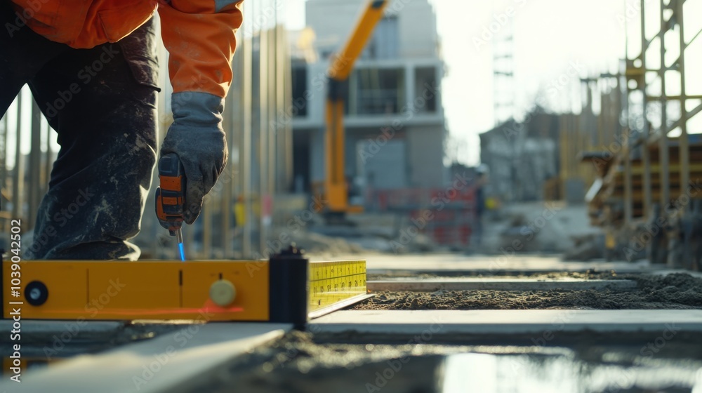 Poster A detailed close-up of a construction worker using a laser level to ensure precise grading for a foundation excavation, Foundation grading scene, Technological precision style