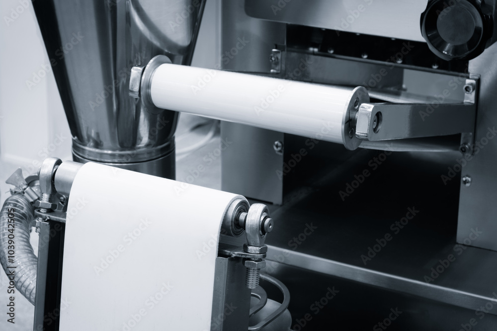 Poster A machine is used to make paper. The machine has a roll of paper and a roll of plastic