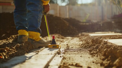 A detailed close-up of a construction worker using a laser level to align steel beams for a warehouse construction project, Steel beam alignment scene, Industrial construction style