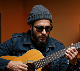 Obraz premium A focused musician wearing sunglasses and a beanie plays an acoustic guitar passionately. Capturing the essence of music, creativity, and concentration in a dimly lit setting.
