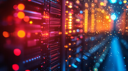 A macro shot of a fiber optic cable bundle, glowing with vibrant colors a high-tech server room