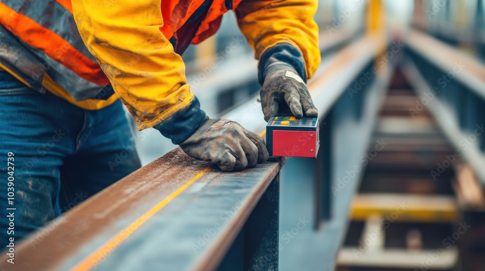 Poster a detailed close-up of a construction worker using a laser level to measure ground elevation at a bu