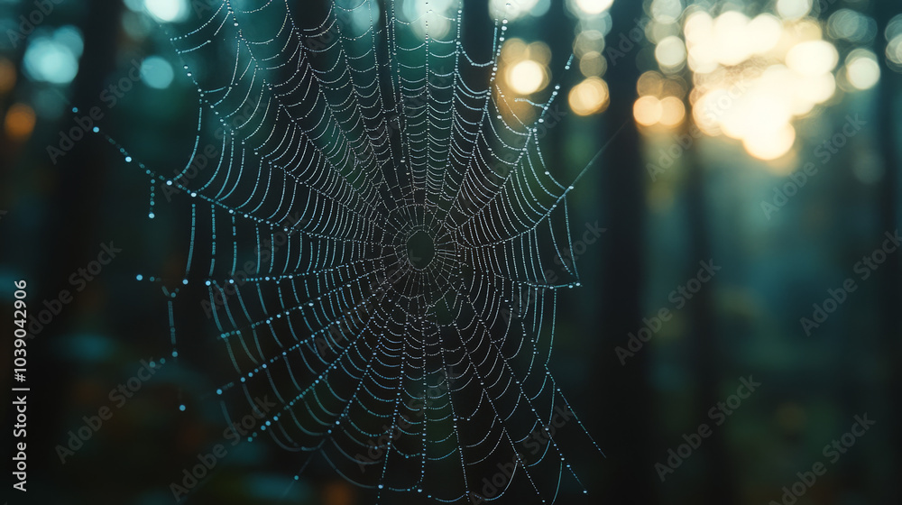 Wall mural a macro shot of a spider web covered in morning dew, each droplet glistening like tiny beads