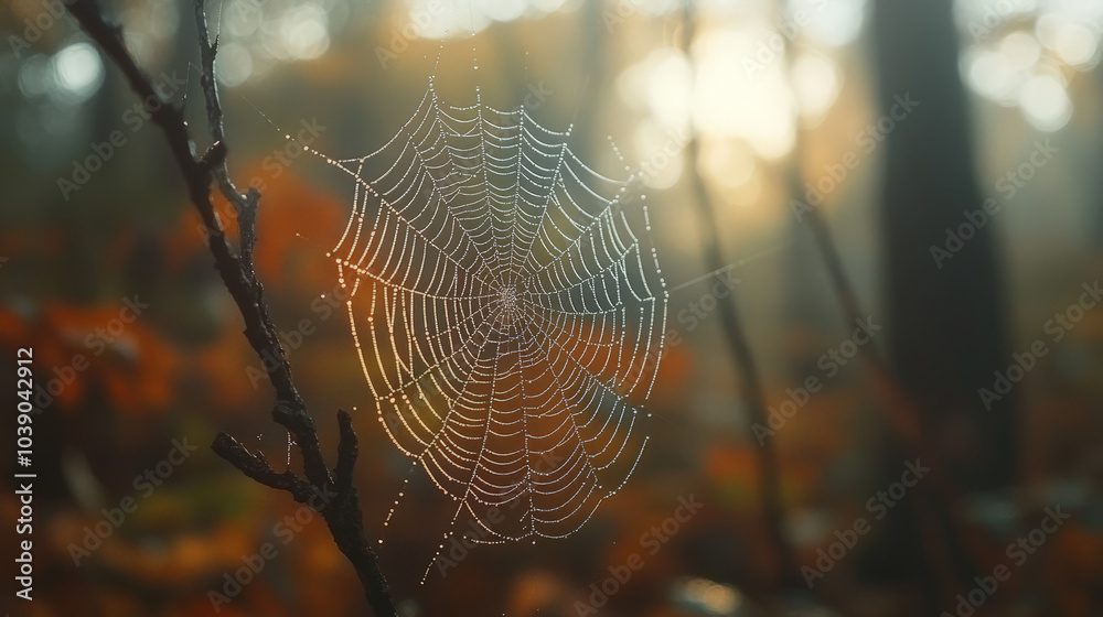 Wall mural a macro shot of a spider web covered in morning dew, each droplet glistening like tiny beads