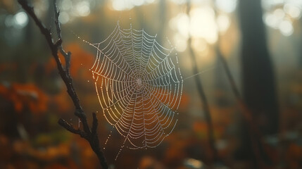 A macro shot of a spider web covered in morning dew, each droplet glistening like tiny beads