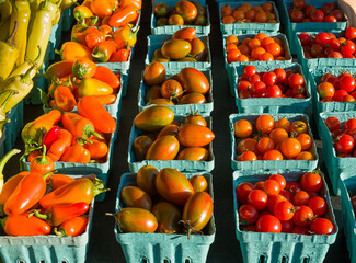 Early morning light shines on cartons of fresh ripe cherry tomatoes and peppers at an outdoor market