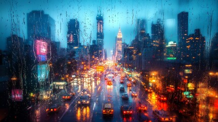 Rainy Night View of a City Skyline through a Window