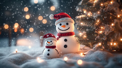 Obraz premium cheerful snowman family stands in snowy landscape, adorned with festive hats, next to beautifully lit Christmas tree. scene captures warmth and joy of holiday season