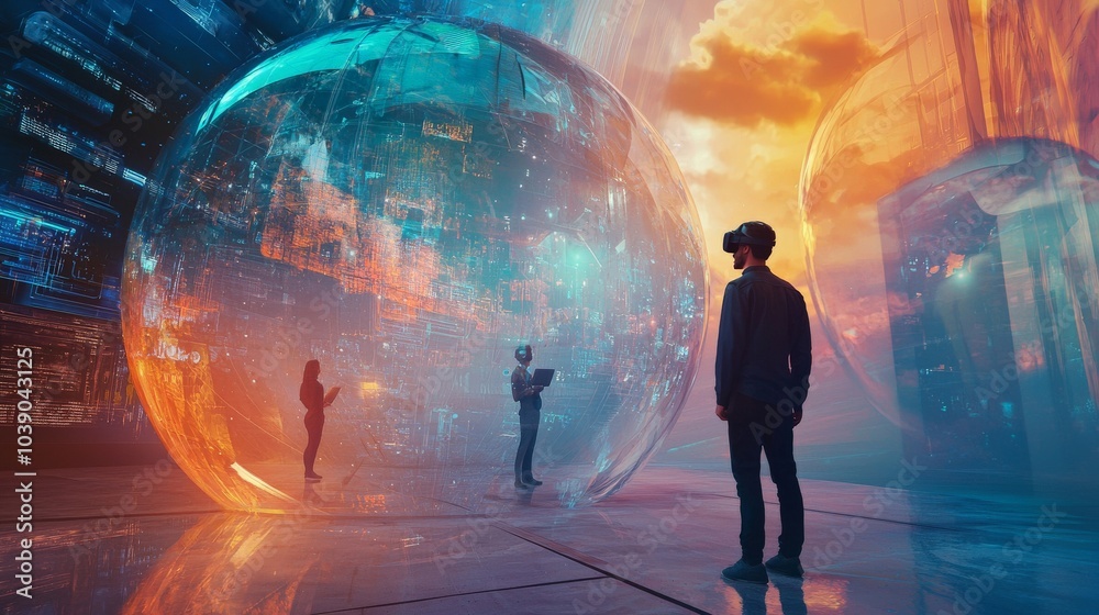 Wall mural developers creating b2b saas solutions inside a giant virtual reality bubble
