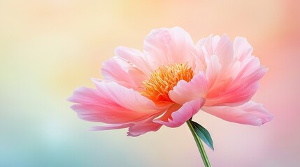   A pink flower with a yellow center against a blue-yellow backdrop, with a blurred sky in the background