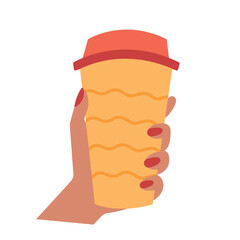 Coffee mug in woman hand vector flat illustration