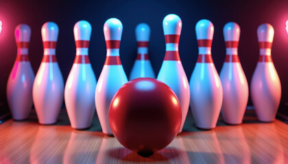 A vibrant bowling ball is poised to strike a set of pins in a dimly lit alley, capturing the excitement and anticipation of a perfect game.