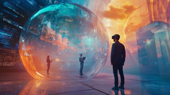 Developers creating B2B SaaS solutions inside a giant virtual reality bubble