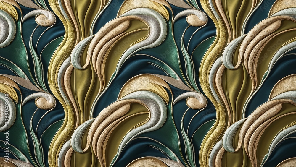 Wall mural Seamless Green, Gold and Beige Swirl Pattern