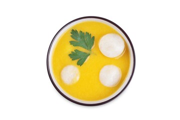 Pumpkin porridge, Hobakjuk in a bowl with rice balls on a white isolated background