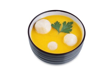 Pumpkin porridge, Hobakjuk in a bowl with rice balls on a white isolated background