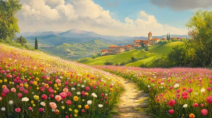 A Path Through a Field of Flowers Leading to a Village in the Hills