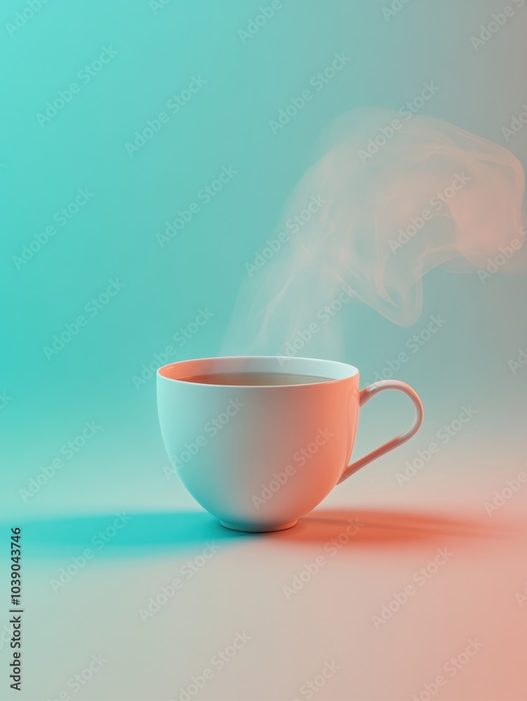 Poster a warm tea cup gently emits smooth steam, creating a serene and calming atmosphere in soft pastel hu