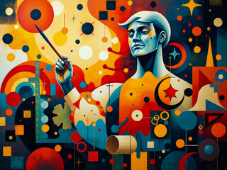 Colorful abstract art blending geometric shapes with a human portrait, symbolizing creativity and imagination. Bold brush strokes and vivid colors evoke innovative and artistic expression