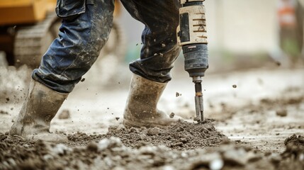 A detailed close-up of a construction worker using a pneumatic drill to break concrete pavement during road construction, Road construction scene, Infrastructure development style