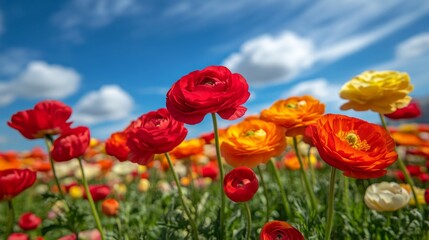 Obraz premium Vibrant Red and Orange Ranunculus Flowers in a Field Against a Blue Sky