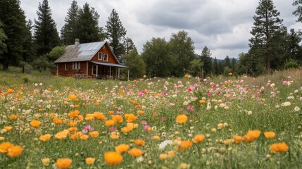 Obraz premium A Rustic Cabin Nestled in a Field of Vibrant Blooms