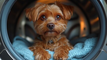 Cute, fluffy dog is sitting inside a washing machine, resting on a blue blanket with wide eyes