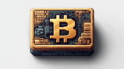 Digital representation of a gold Bitcoin symbol embedded in a circuit board design on a square