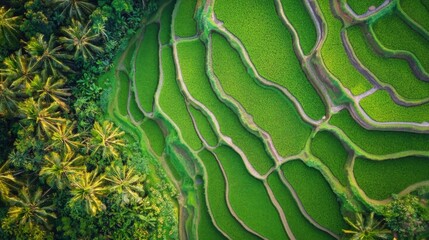 Lush Green Rice Terraces with Palm Trees and Jungle Foliage