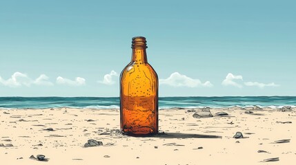 Empty brown bottle sits upright on a sandy beach, with the ocean and cloudy sky in the background