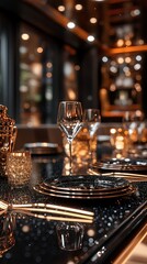 Elegant, dimly-lit dining table with sparkling decorations, glassware, and reflections, creating a luxurious atmosphere
