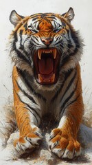 Fierce tiger with open mouth and sharp teeth appears to be charging forward, creating an intense and dynamic scene