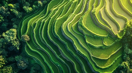 Fototapeta premium Aerial View of Lush Green Rice Terraces