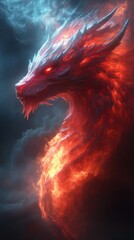 Fiery red dragon with glowing eyes, surrounded by blue smoke, creating a mystical atmosphere