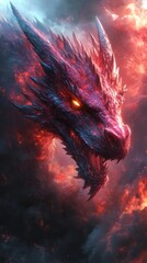 Fiery dragon with glowing eyes emerges from swirling red and blue clouds, its scales glistening in the intense light