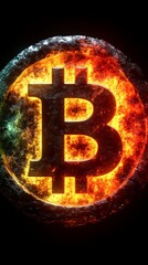 Fiery, digitally styled Bitcoin symbol, glowing with intense, vibrant colors against a dark background