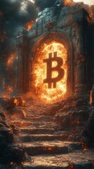 Fiery Bitcoin symbol is framed within an ancient stone archway, surrounded by glowing embers and dark, rocky terrain