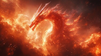 Fiery dragon emerges majestically from swirling flames and smoke, its detailed scales glistening against a vibrant, fiery background