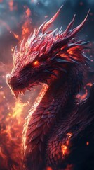 Fiery, red-scaled dragon with glowing eyes emerges amid swirling flames and smoke, exuding an aura of power and mystique