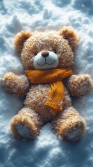Fluffy teddy bear wearing an orange scarf lies on a bed of snow, surrounded by a wintry atmosphere
