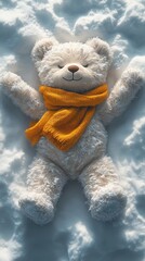 Fluffy teddy bear wearing an orange scarf is lying on its back in the snow, looking content and cozy