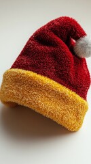 Fluffy red and yellow Santa hat with a white pom-pom on a light background