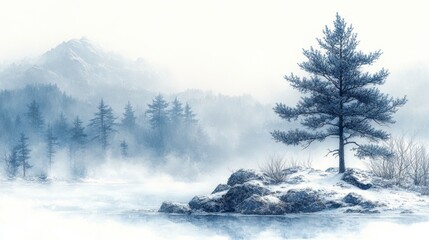 Foggy, snowy landscape with a lone tree on rocky terrain, surrounded by distant mountains and mist