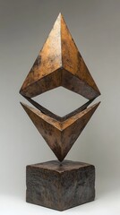 Geometric, metallic sculpture consisting of two intersecting tetrahedrons, mounted on a textured, rectangular pedestal