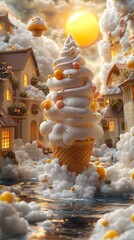 Giant ice cream cone with sprinkles stands in a whimsical, cloud-filled village under a bright sun