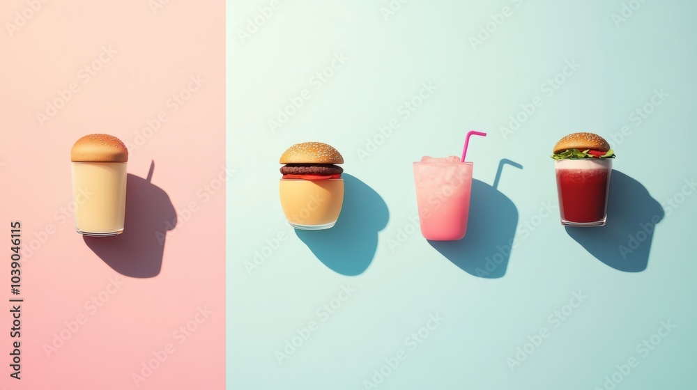 Poster a vibrant display of burgers and drinks arranged on a soft pastel background, perfect for sharing or