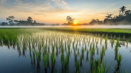 Sunrise Over A Foggy Paddy Field With Reflections