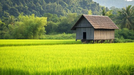 Fototapeta premium Traditional Wooden Hut in Lush Green Rice Paddy Field