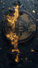 Fototapeta premium Large Bitcoin symbol appears fractured, with glowing golden particles and dark debris scattering across a textured black background