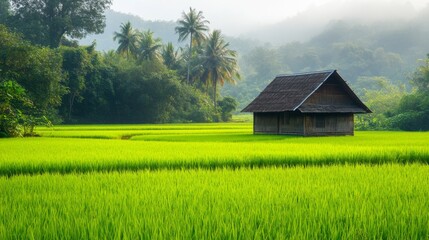 Fototapeta premium A Rustic Wooden House Surrounded by Lush Green Rice Paddies and Palm Trees